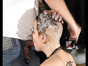 Shaving Her Head As She Sucks His Dick