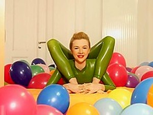 Flexy Sexy Green Rubber Catsuit Blonde Bare Feet & Bendy Positions